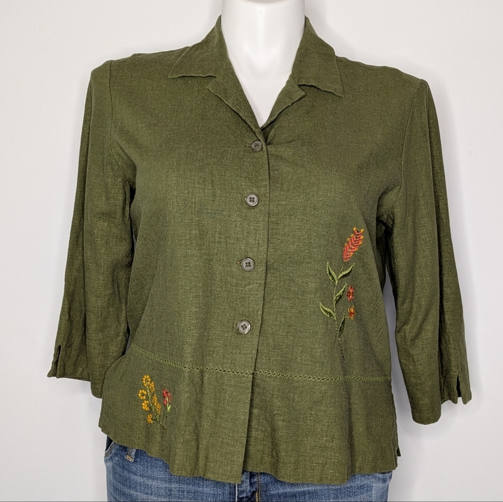 Vintage Lindsey Scott Green Yellow Embroidered Floral Linen Blend Button Up 14